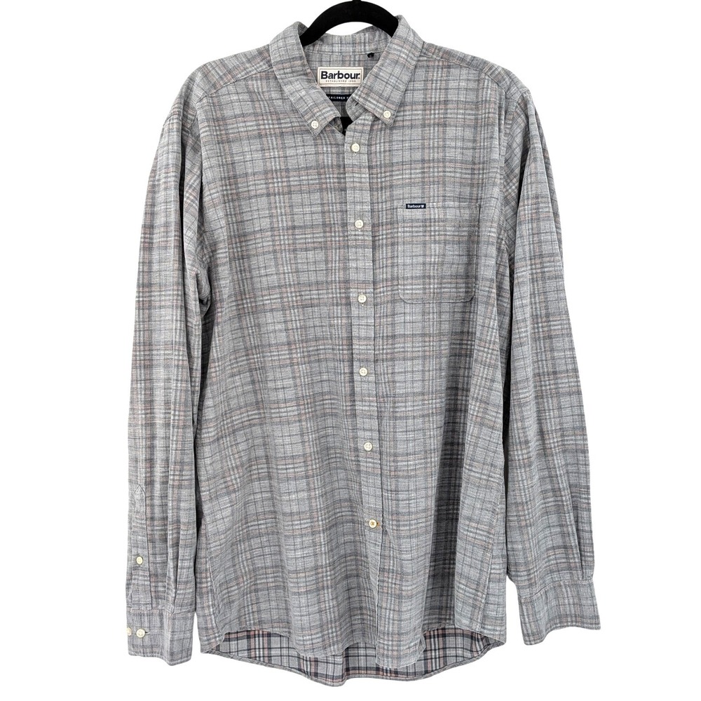 Barbour Plaid Button Down Shirt Cotton Tailored Fit Gray Pink Mens M Soft